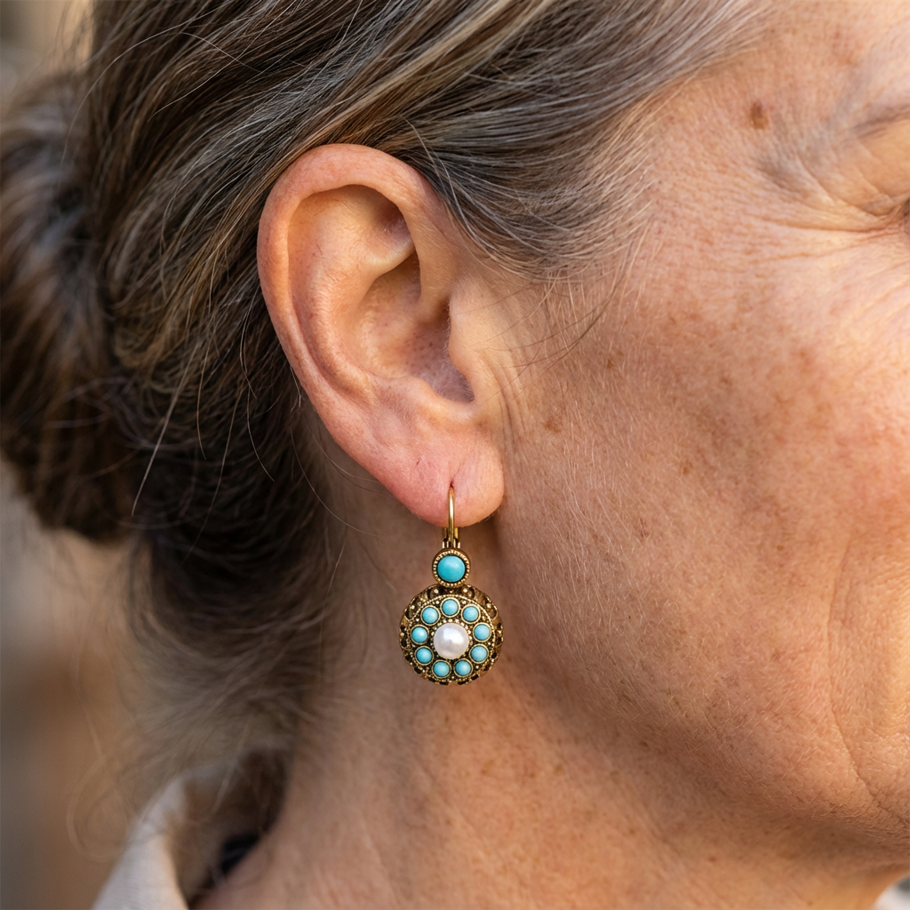 Vintage Turquoise & Pearl Medallion Earrings