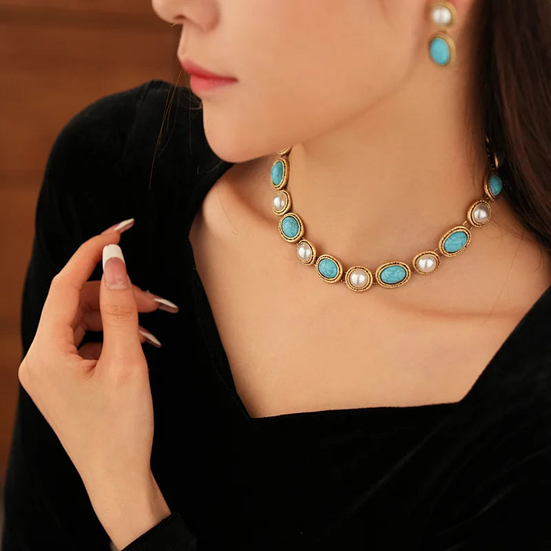 Turquoise & Pearl Antique Gold Statement Set