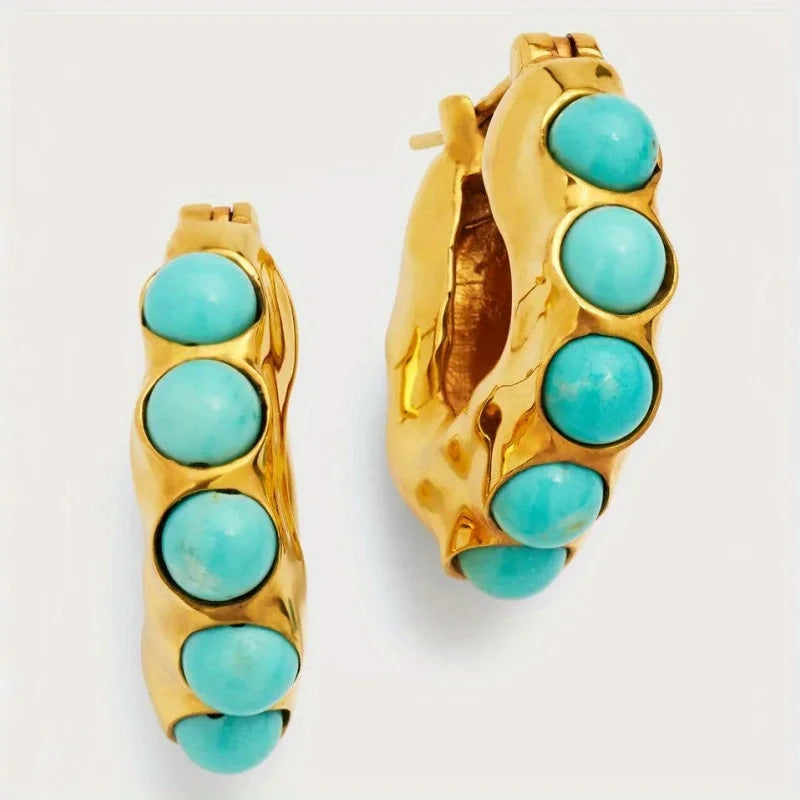 Bold Turquoise Stone Sculpted Hoop Earrings