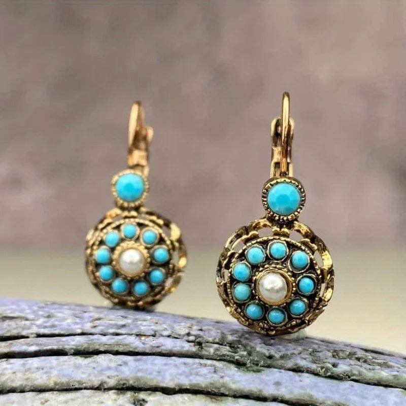 Vintage Turquoise & Pearl Medallion Earrings