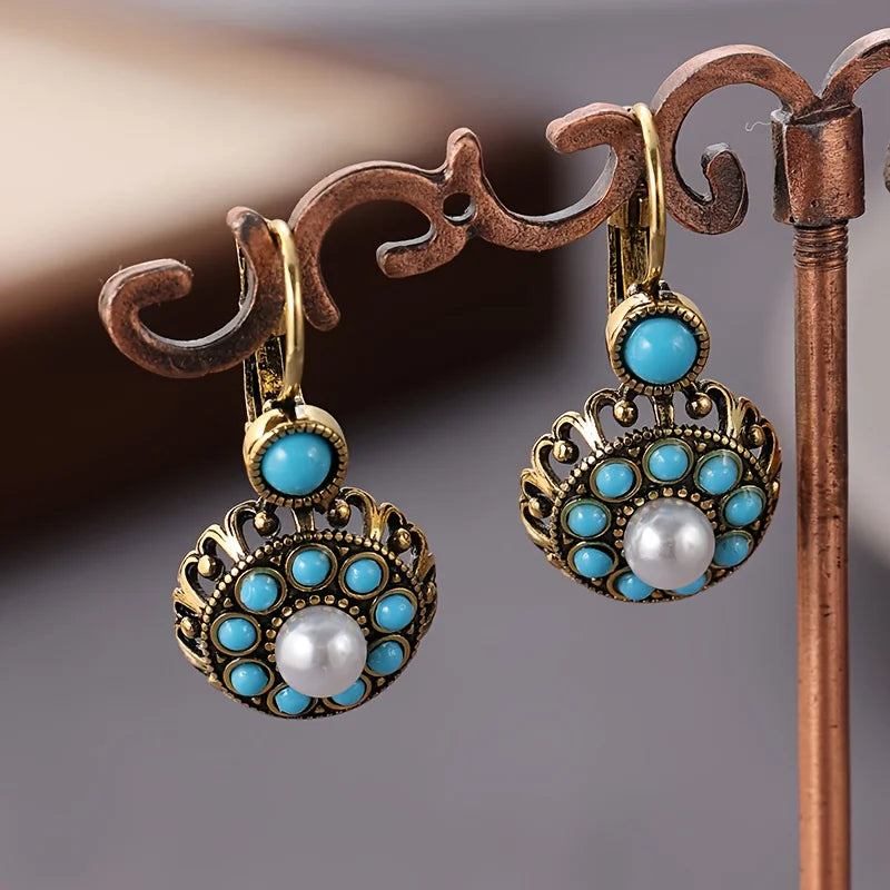 Vintage Turquoise & Pearl Medallion Earrings
